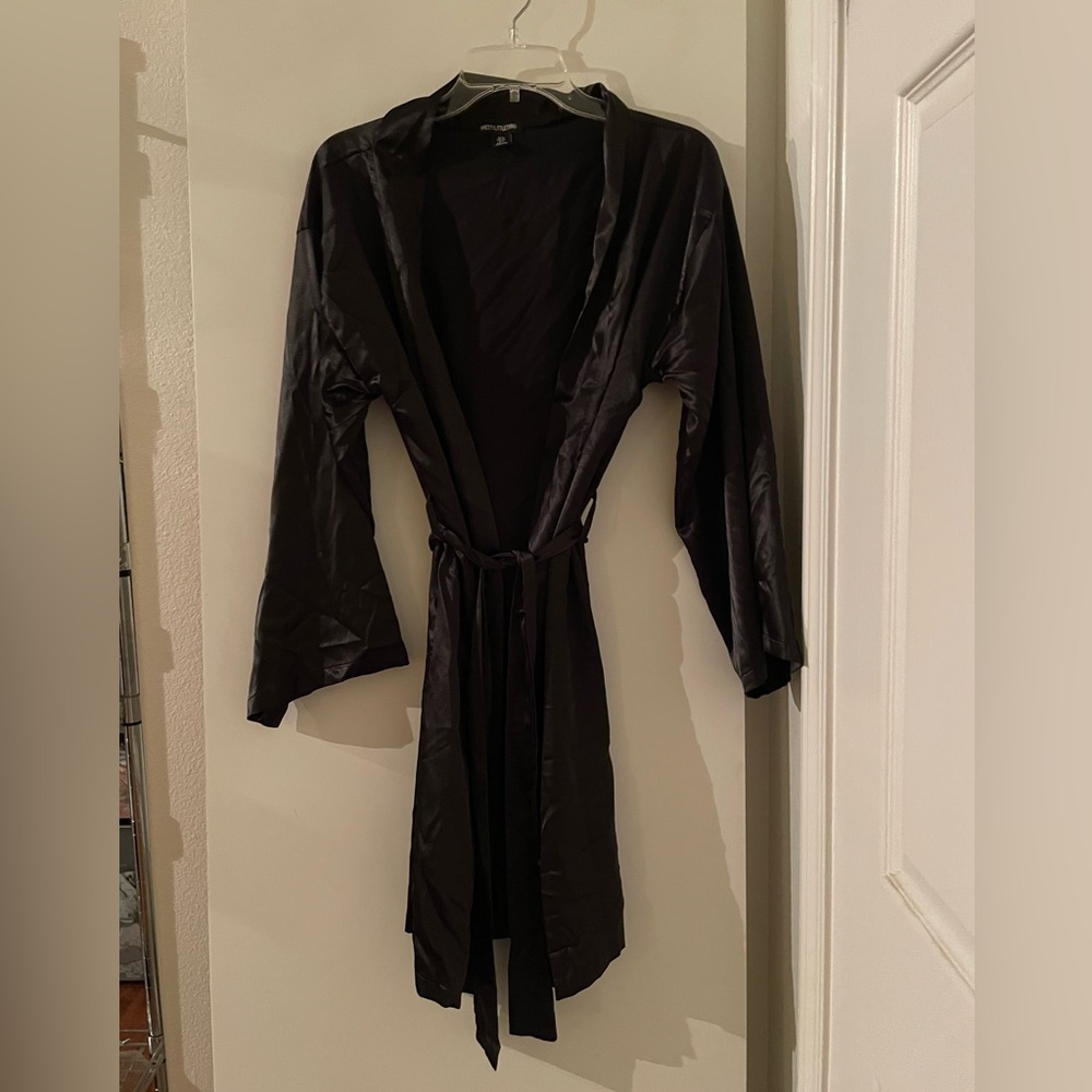 PLT Black Satin Robe Midi Length Lightweight, Belted Made in Morocco